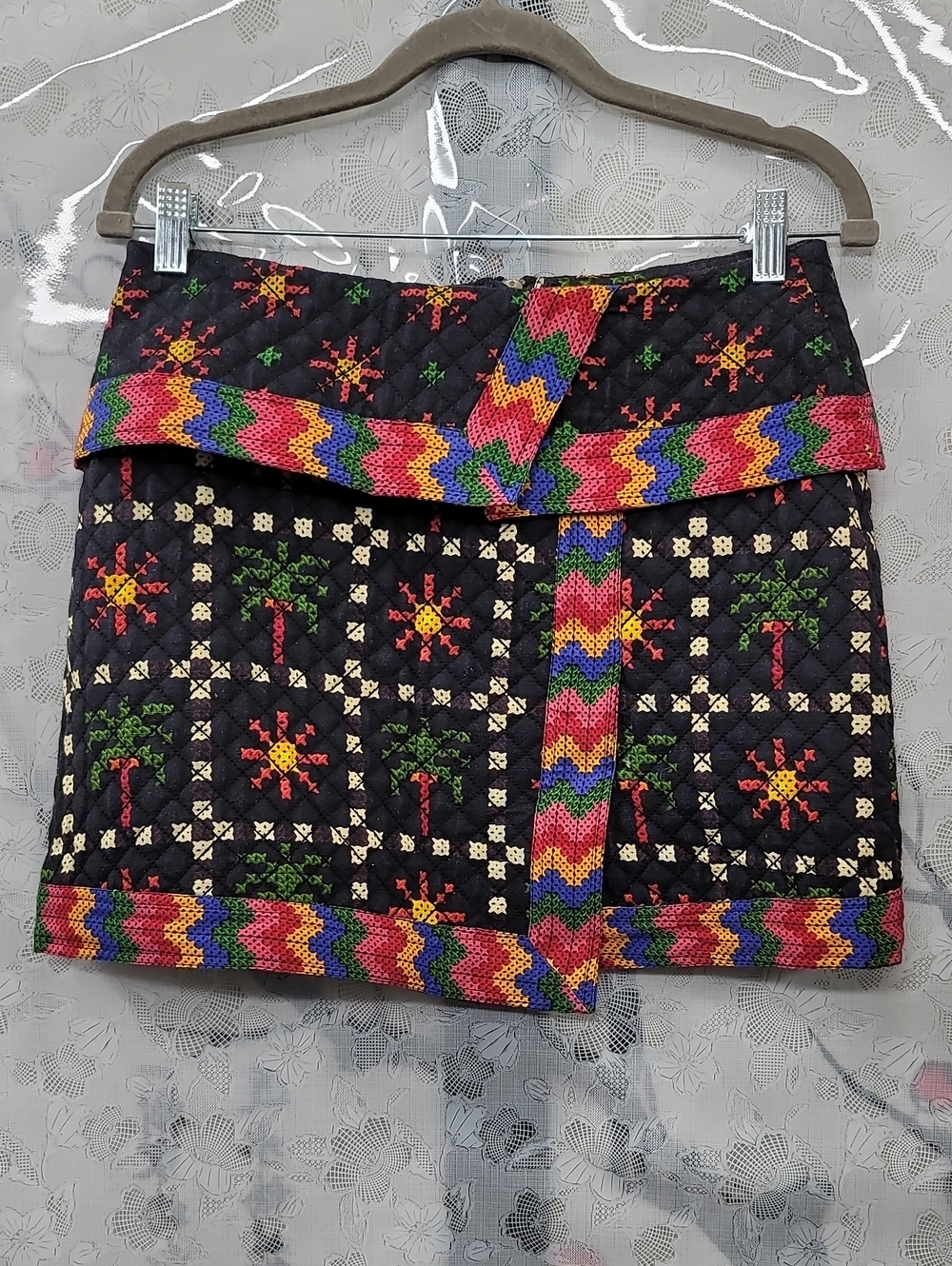 FARM RIO Macaw Night Quilted Printed Linen-Blend Mini Skirt Size Small